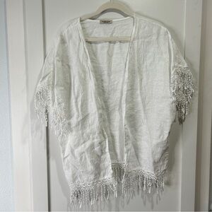 Valentina Naldi Open Front Linen Swimsuit Cover Up With Crochet Trim One Size